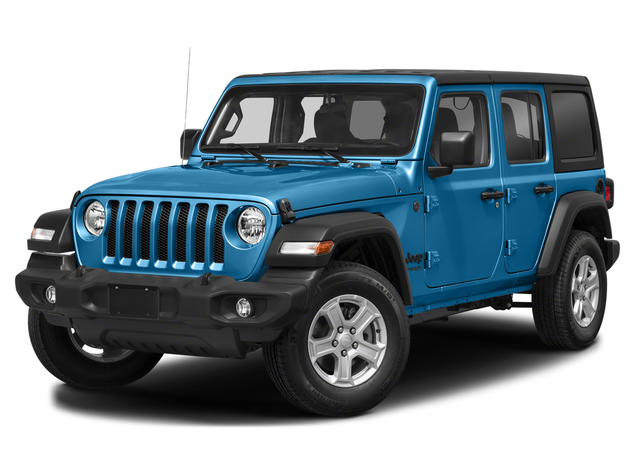 2022 Jeep Wrangler Unlimited Sport Altitude in Hydro Blue Pearlcoat — front three-quarter view